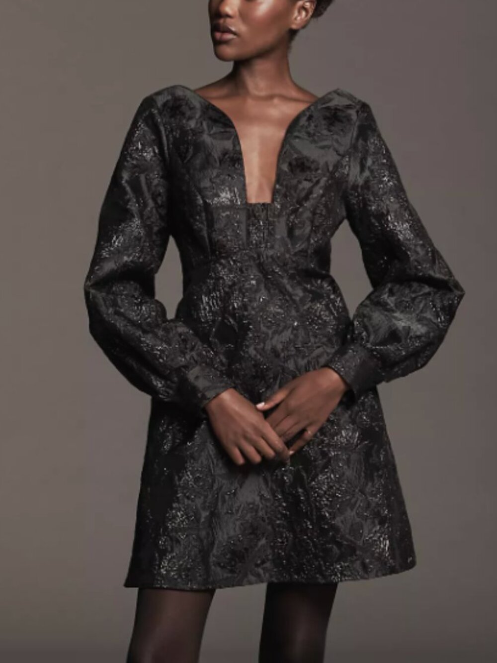 NWT Maeve Black Occasion Jacquard Babydoll Mini Dress 4 Long-Sleeve V-Neck